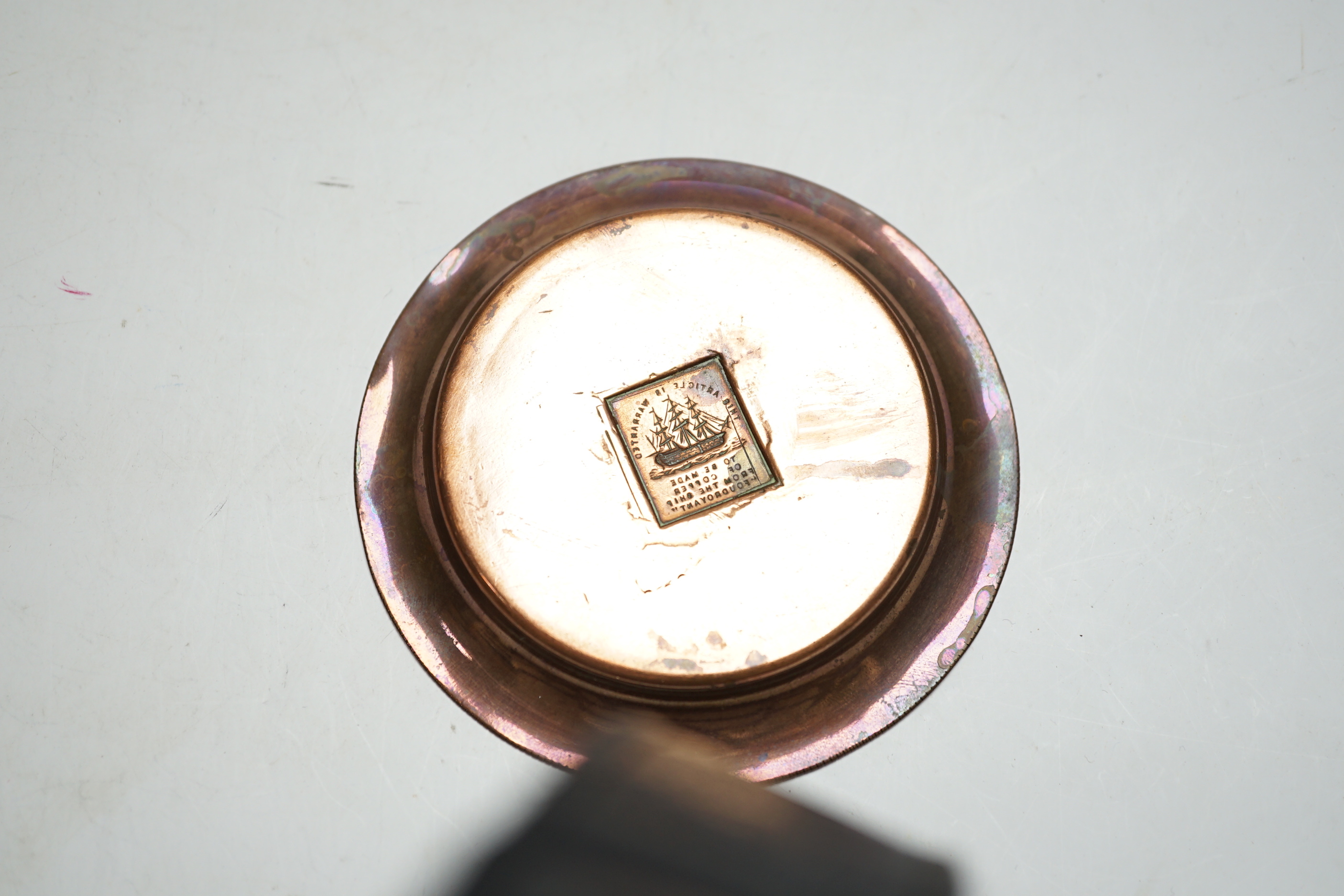 A copper pin dish, souvenir of HMS Foudroyant, 10cm